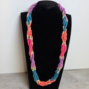 Vintage Boho Beaded Necklace Twisted Multi Color Wood Turquoise Clasp Accent